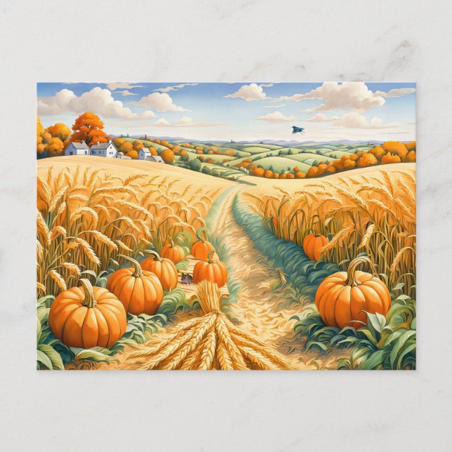 Cartão Postal Hilly Landscape with Wheat Field and Pumpkins (Frente)