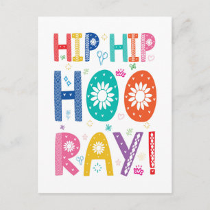Cartão Postal Hip Hip Hooray Parabéns com tipo decorativo
