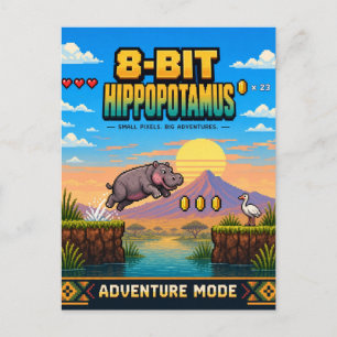 Cartão Postal Hipopótamo, Arte Pixel 8-Bit Retro