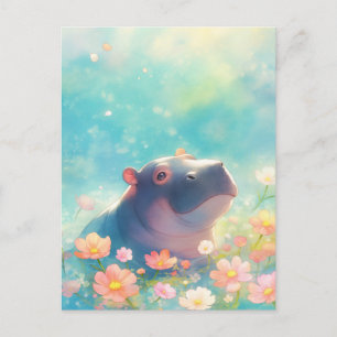 Cartão Postal Hipopótamo Azul Nadando na Piscina de Flores Silve