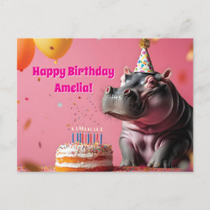 Cartão Postal Hipopótamo de Aniversário com Bolo e Balões