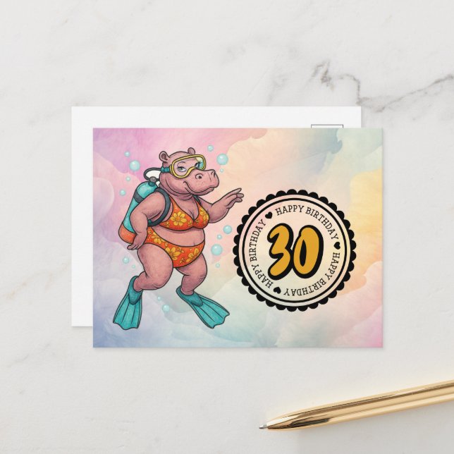 Cartão Postal Hipopótamo mergulhador Aniversário de 30 anos  (Frente/Verso In Situ)