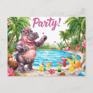 Cartão Postal Hipopótamo na Festa na Piscina na Praia