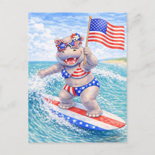 Cartão Postal Hipopótamo Surfista Surfando no Dia da Independênc