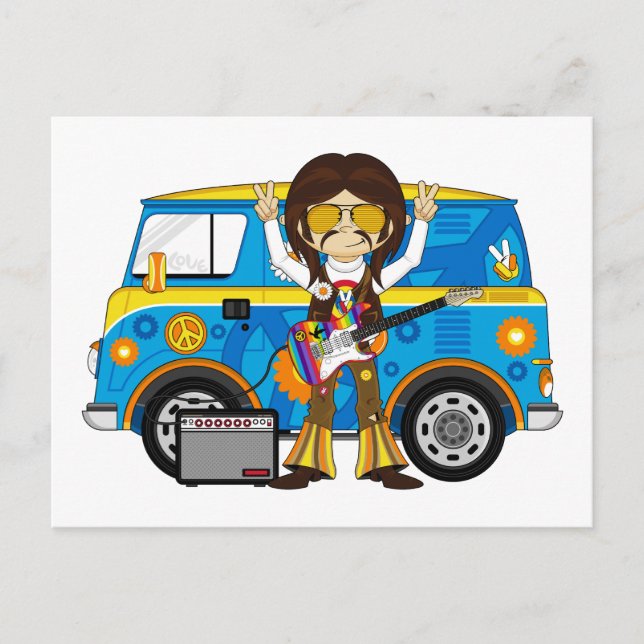 Cartão Postal Hippie Boy com Guitarra e Camper Van (Frente)