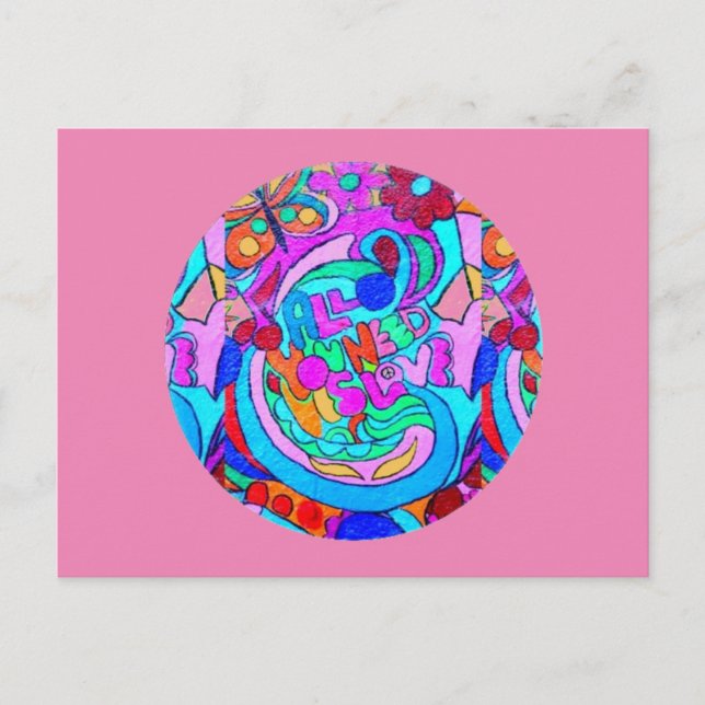 Cartão Postal hippie groovy círculo de amor rosa (Frente)