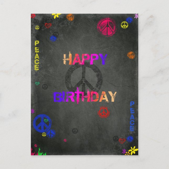 Cartão Postal Hippie Happy Birthday em preto (Frente)