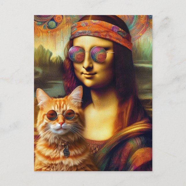 Cartão Postal Hippie Mona Lisa e seu Ginger Cat (Frente)