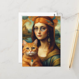 Cartão Postal Hippie Mona Lisa e seu Ginger Cat