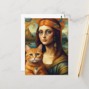 Cartão Postal Hippie Mona Lisa e seu Ginger Cat
