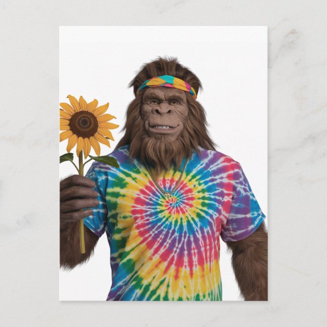 Cartão Postal Hippie Sasquatch em Tiedye com girassol (Frente)