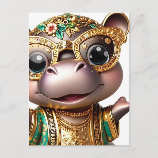 Cartão Postal Hippo Adorável em Dourado (Frente)