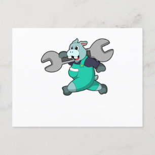Cartão Postal Hippo como mecânico com chave inglesa