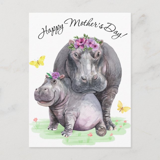 Cartão Postal Hippo do Fundo do feliz dia de as mães (Frente)
