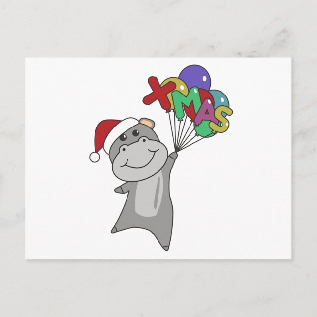Cartão Postal Hippo Feliz Natal Animais de inverno Hippos (Frente)