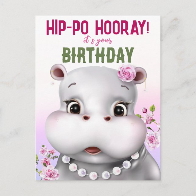 Cartão Postal Hippo Pink Floral Girl Birday (Frente)