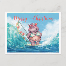 Cartão Postal Hippo Surfer on Surf Board on Christmas Holiday 