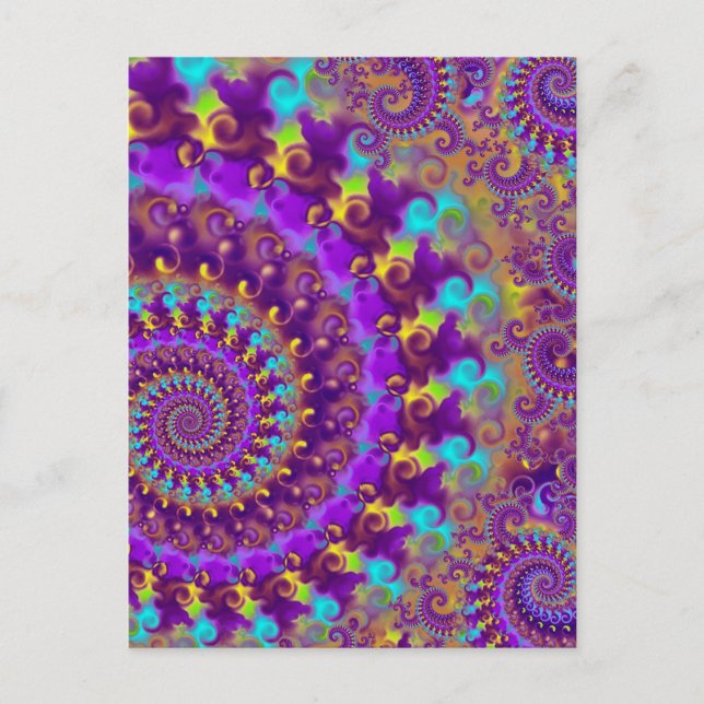 Cartão Postal Hippy Fractal Patterno Roxo Turquesa e Amarelo (Frente)