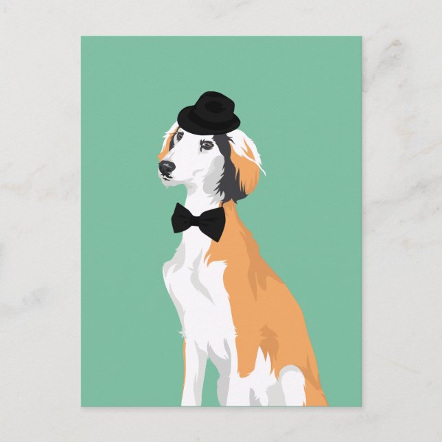 Cartão Postal Hipster Saluki Puppy Dog em Chapéu e Arco Tie (Frente)