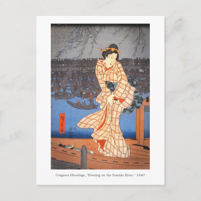 Cartão Postal Hiroshige Evening no Rio Sumida Arte Japonesa (Frente)