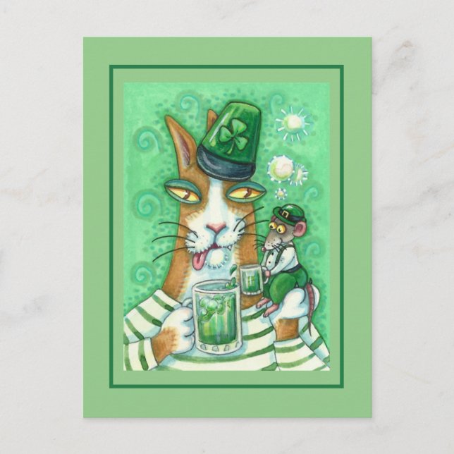CARTÃO POSTAL HISS N' FITZ CAT & RAT, CHEERS TO GREEN BEER FUNNY (Frente)