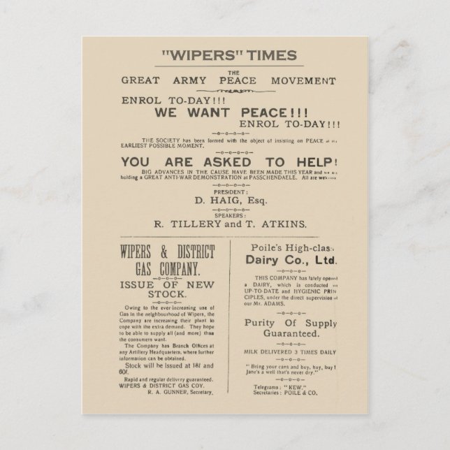 Cartão Postal História, cabeçalho do Facsimile do Wipers Times 1 (Frente)