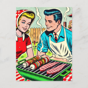 Cartão Postal Histórias em quadrinhos do Casal de Barbecue Vinta