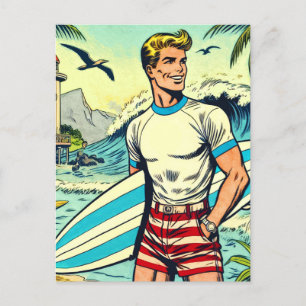 Cartão Postal Histórias em quadrinhos do Surf Retro Beach