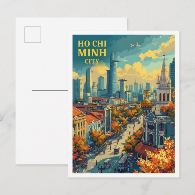 Cartão Postal Ho Chi Minh Cidade Vietnã Ilustração de Arte Vinta (Frente/Verso)