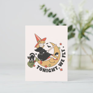 Cartão Postal Hoje à noite voamos - Bruxa Bonita e Gato Negro