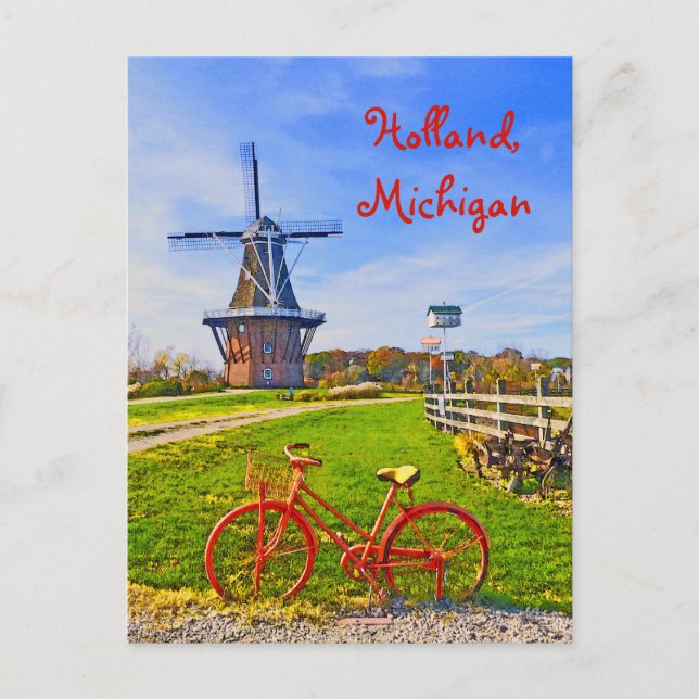 Cartão Postal Holanda, Michigan/Windmill, bicicleta, cores de qu (Frente)