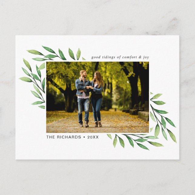 Cartão Postal Holiday Watercolor Deixa Foto Moderna (Frente)