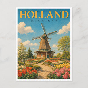 Cartão Postal Holland Michigan Moinho de Vento Holandês GeoSaga