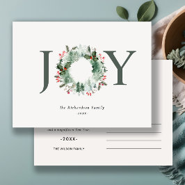 Cartão Postal Holly Berries Pine Tree Joy Wreath de Natal