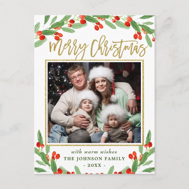 Cartão Postal Holly Berry Branch FOTO Saudação de Natal (Frente)