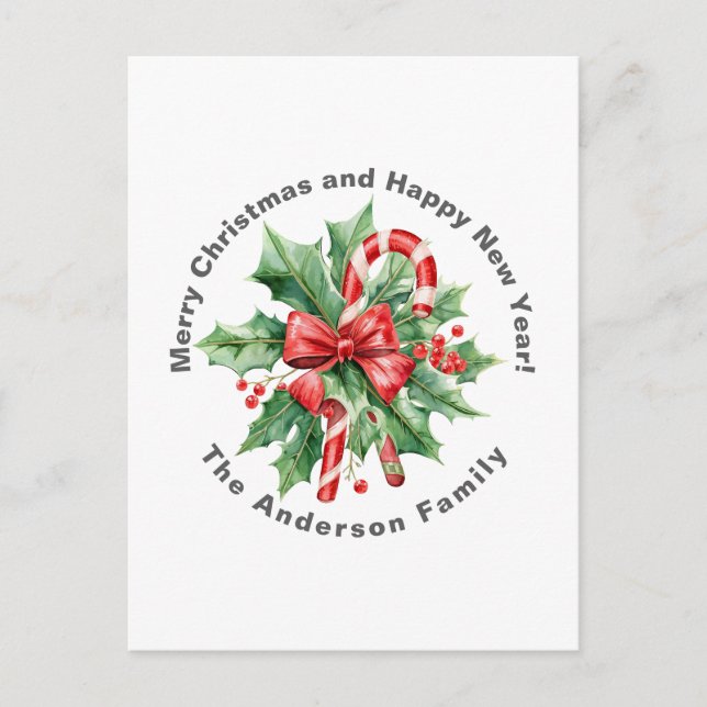 Cartão Postal Holly Berry Candy Cane Christmas Custom text Chic (Frente)
