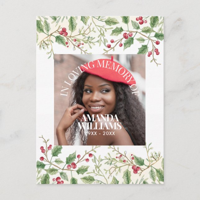 Cartão Postal Holly Berry Personalized Photo Memorial Christmas (Frente)