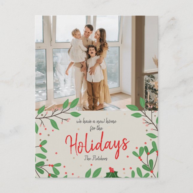 Cartão Postal Holly de Natal Nós Mudamos a Foto de Férias (Frente)
