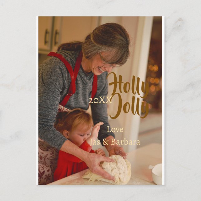 Cartão Postal Holly Jolly family holiday photo beige year naboho (Frente)