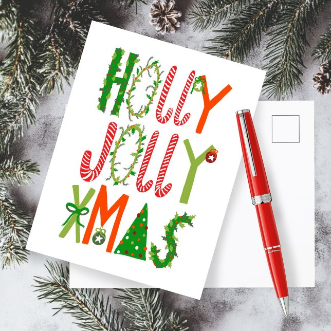 Cartão Postal HOLLY JOLLY XMAS - Feriado Natal (HOLLY JOLLY XMAS Handlettering Illustration Sweet Holiday Christmas Postcard
)