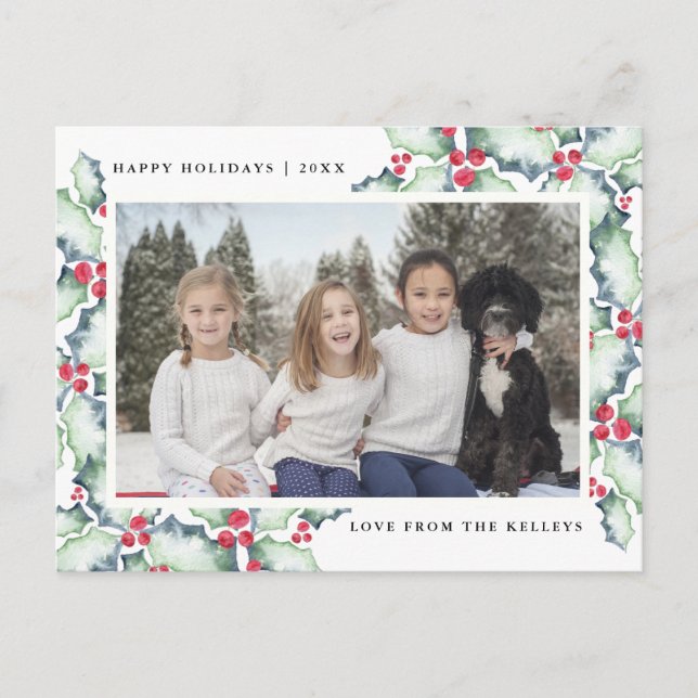 Cartão Postal Holly verde e vermelho, foto de feriado (Frente)