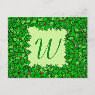 Cartão Postal Holly Wreath com Monograma, Verde Escuro