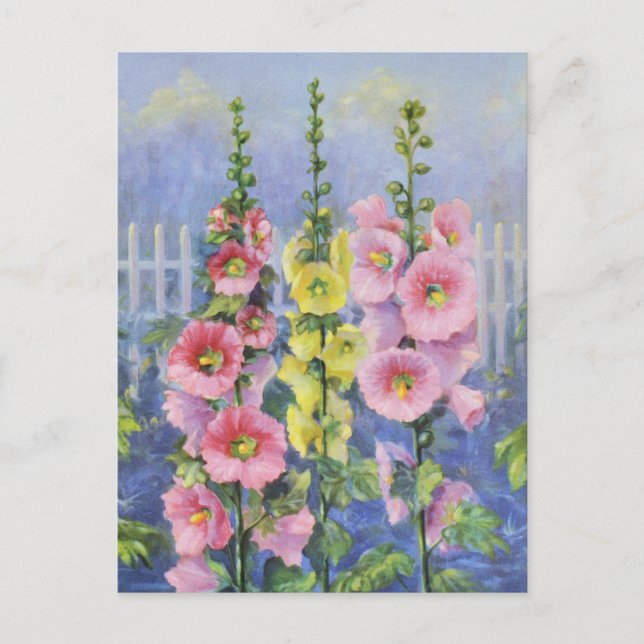 Cartão Postal Hollyhock rosa e amarelo por Cargill, 1937 (Frente)