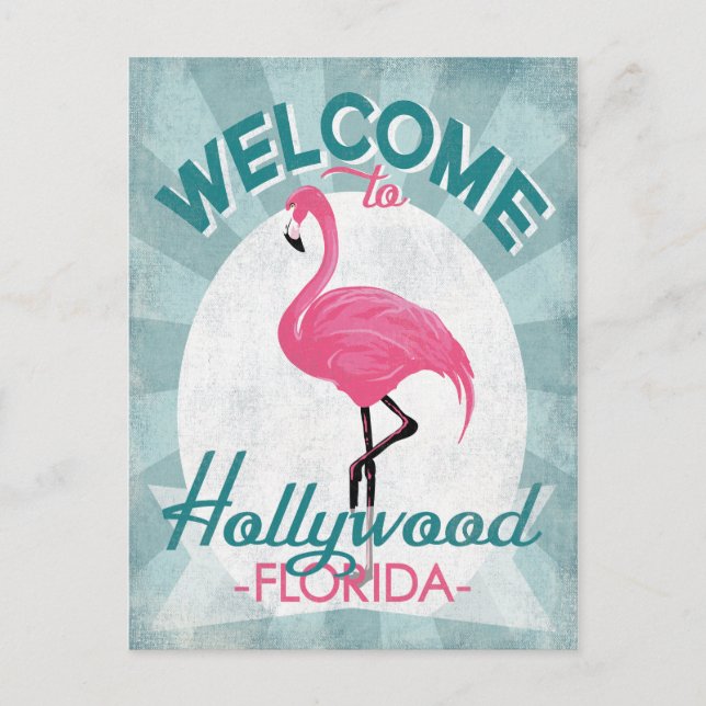 Cartão Postal Hollywood Florida Pink Flamingo Retro (Frente)