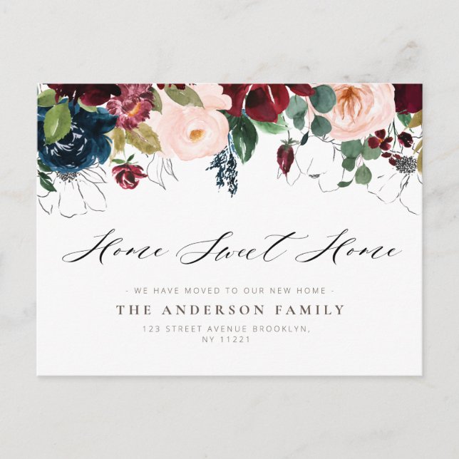 Cartão Postal HOME SWEET HOME Burgundy marinho floral (Frente)