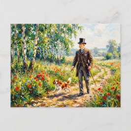 Cartão Postal Homem Caminhando Caminho de Campo com Cavalier Spa