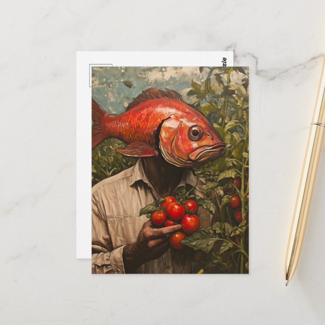 Cartão Postal Homem com Peixe por Cabeça num Jardim de Tomate (Frente/Verso In Situ)