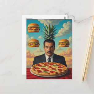 Cartão Postal Homem Com Pizza e Cheeseburgers no CéuSurreal