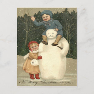Cartão Postal Homem de Neve Crianças Brincando Neve Nevada