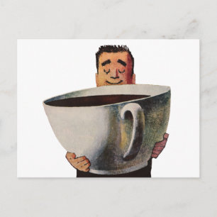 Cartão Postal Homem Feliz Vintage Bebendo Xícara Gigante de Café